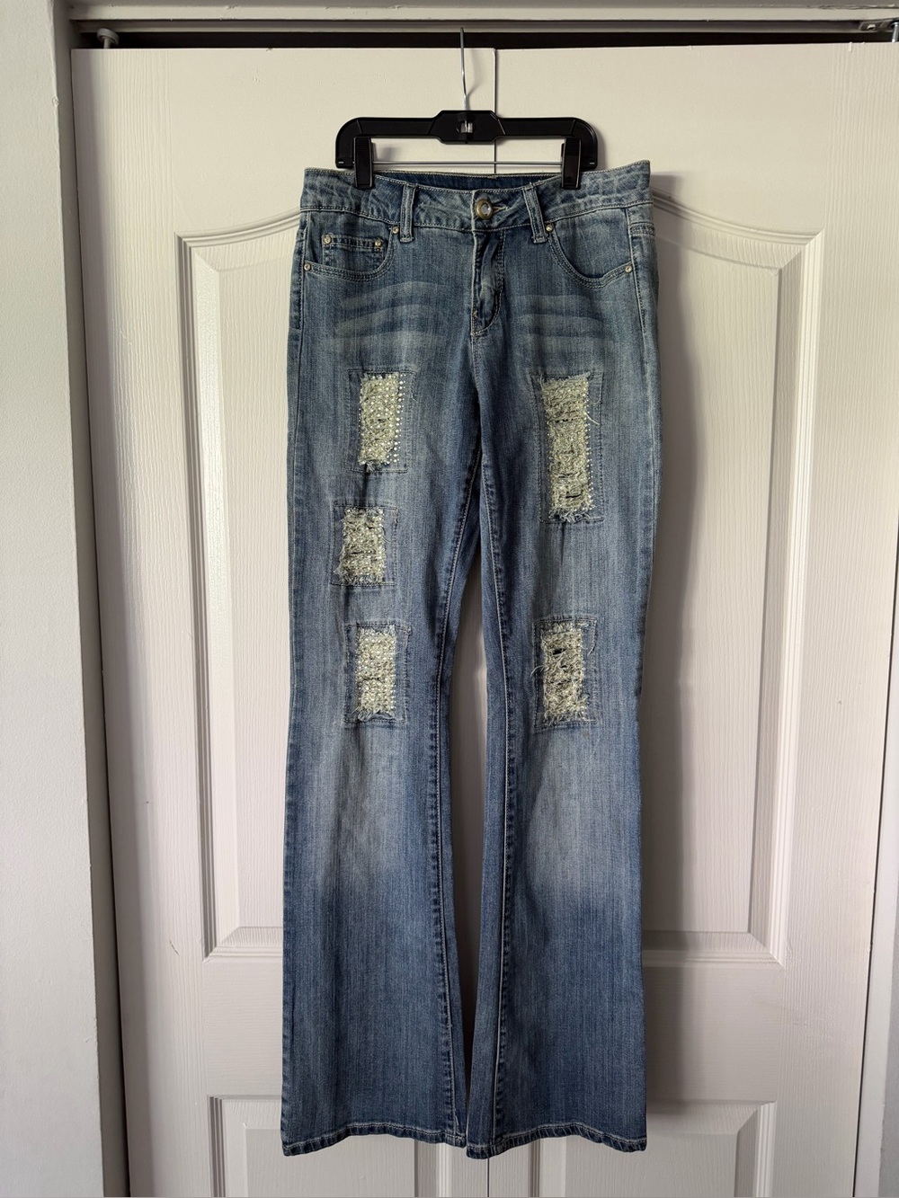 Vintage Cache Light Blue Distressed Flare Jeans with Patch Panels